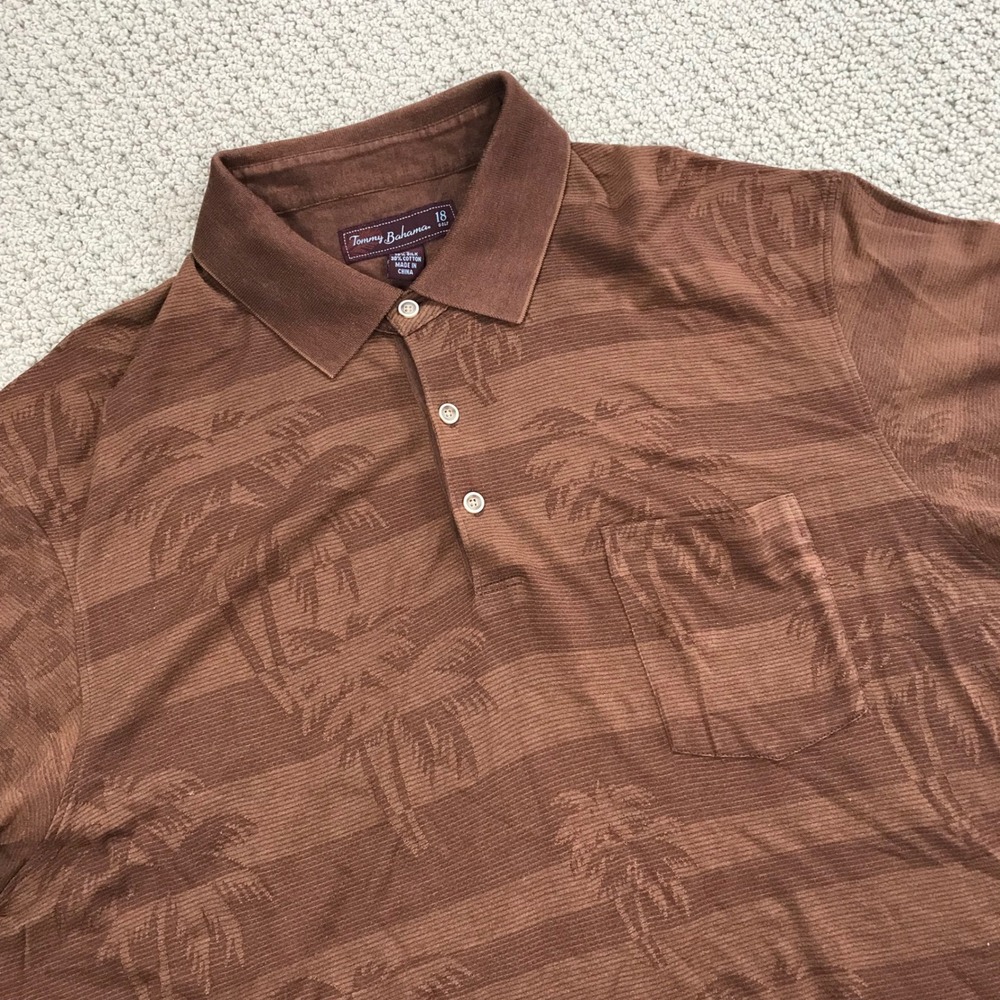 Tommy Bahama 18 Golf Polo Shirt Mens XL Brown Silk Cotton Palm Tree Jacquard